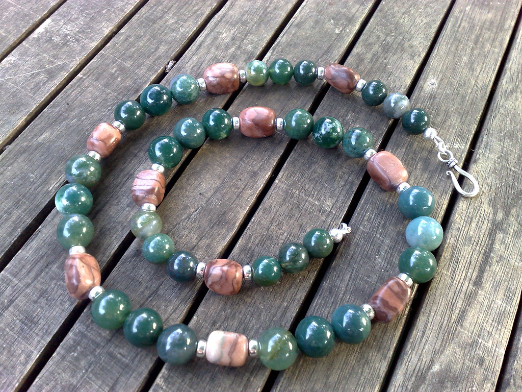Moss agate, brown zebra stone and sterling silver necklace… | Flickr