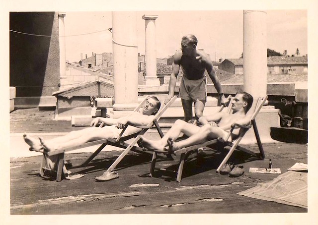 1950s Three Men Shirtless Swimsuits Sunbathing