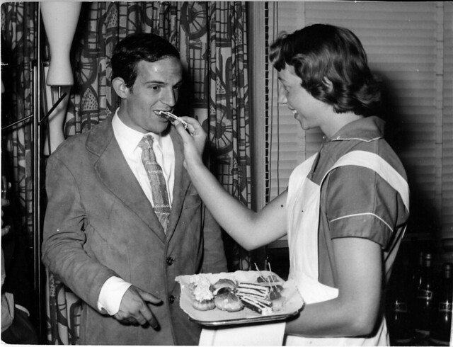 1959 June 19 - Jo Noske, Amsterdam - François Truffaut, at cocktail party for Arnhem premiere of "The 400 Blows," is given cake!