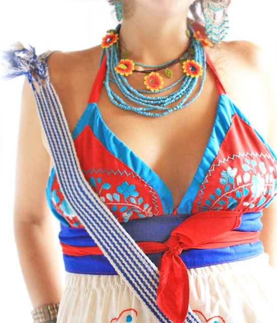 Mexican embroidered Bikini top belt and mini dress