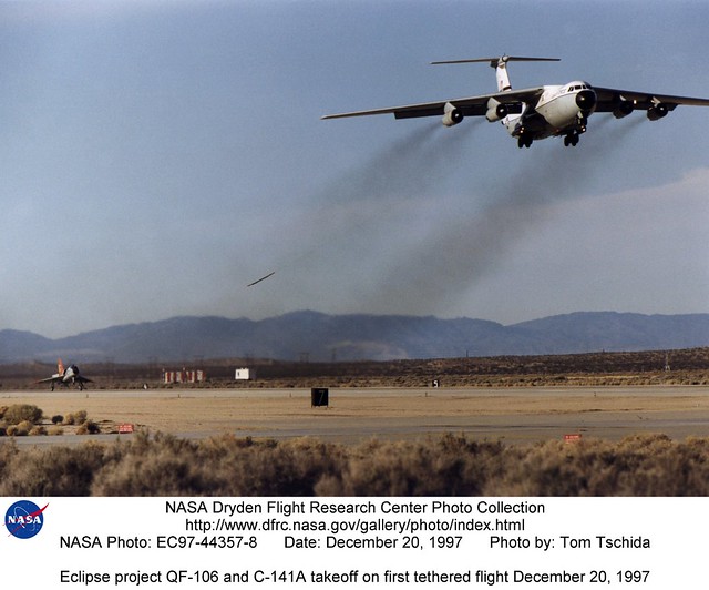 Eclipse project QF-106 and C-141A takeoff on first tethered flight December 20, 1997