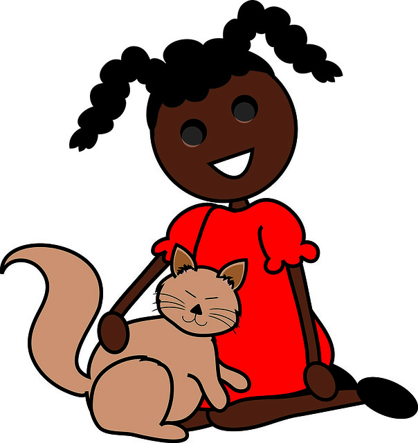 Clip Art Illustration of a Cartoon African American Girl Sitting With Her Cat