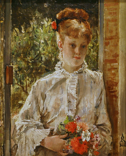 Young Woman in White Holding a Bouquet by Alfred Stevens