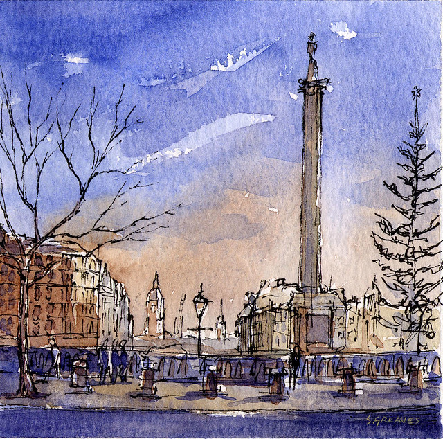 Trafalgar Square, London - Ink & Watercolour Painting by Steve Greaves