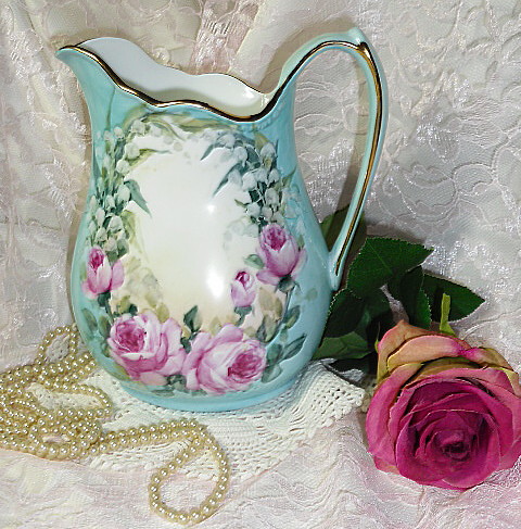 Cottage Romantic Shabby Vintage Chic Porcelain Pitcher with Pink Roses 2