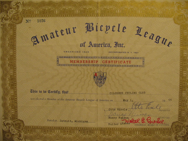 Columbus Cycling Club ABL of A Membership Certificate