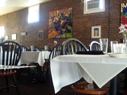 building brick art glass wall painting table restaurant chair brickwall tablecloth caferoma clevelandtn