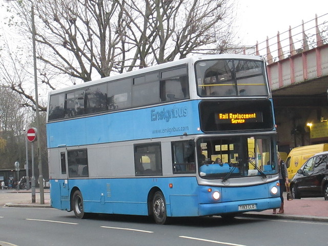 Bear Buses, Dennis Trident, T193CLO, on South West Trains replacement service to Barnes in Grant Road, Clapham Junction on Sunday 18 December 2016