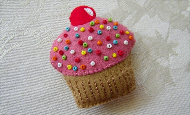 Pink Cupcake Felt Ornament with a Cherry and Sprinkles