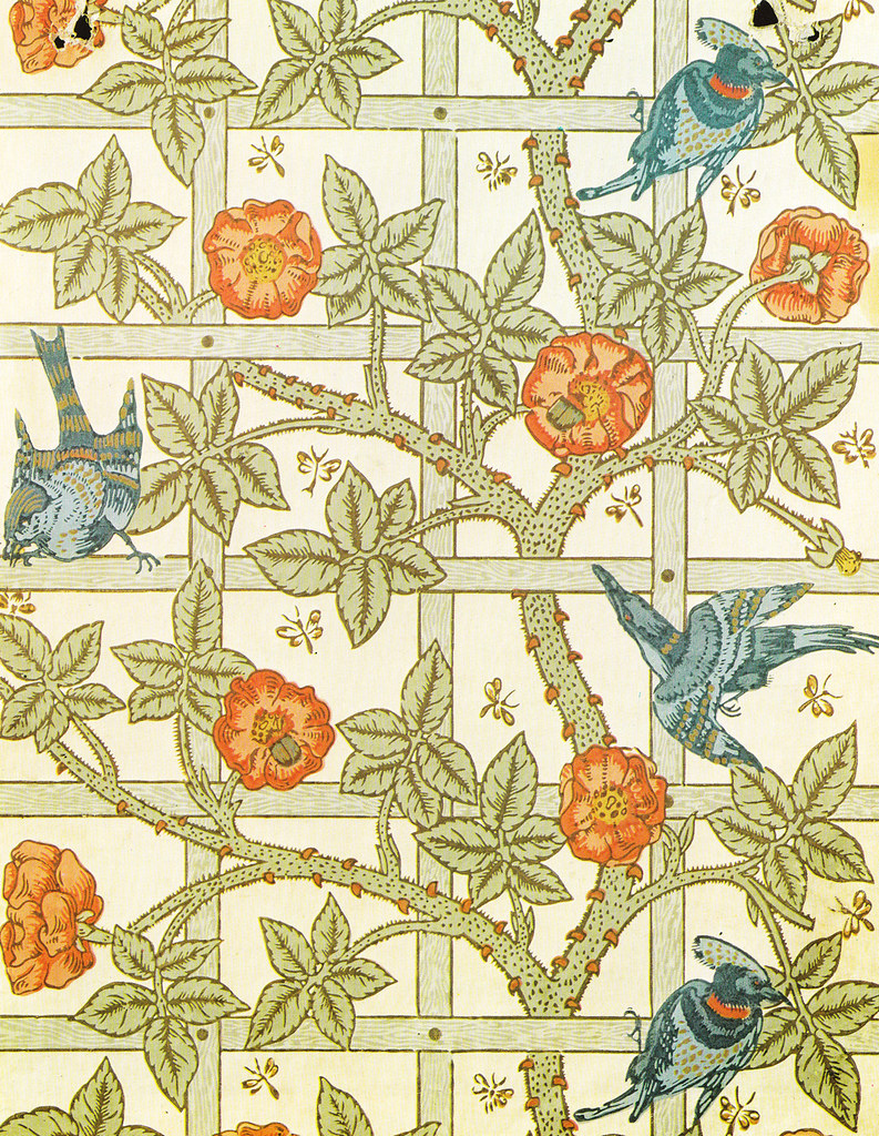 Trellis drawing with vines and big orange flowers. Moreover, there are four blue birds throughout the photo. 