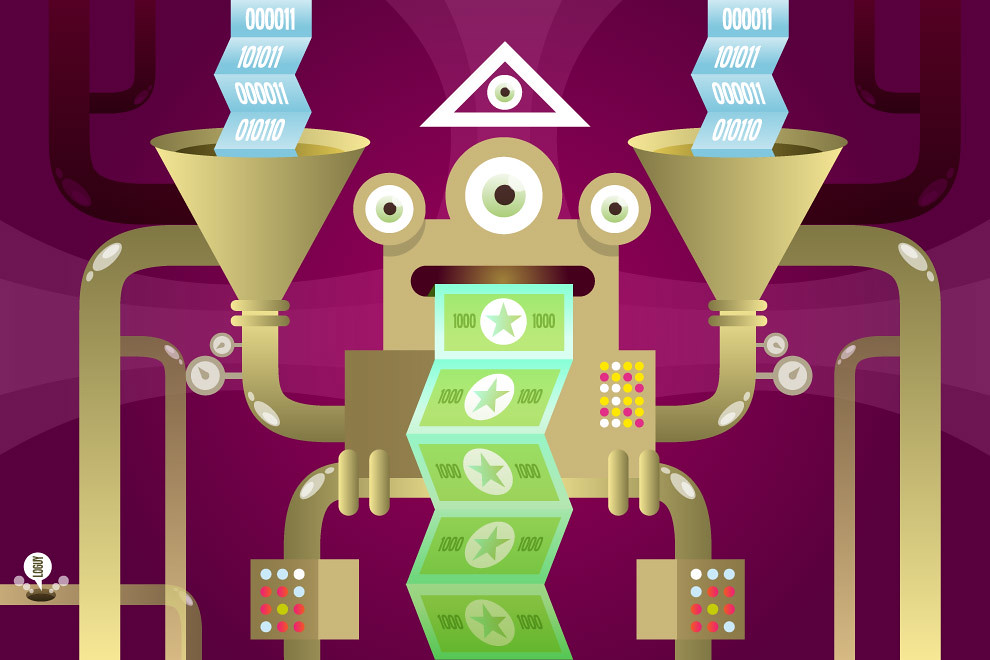 a cartoon drawing a robot receiving data into two funnel-shaped arms and printing money out its mouth