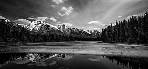 Banff mountains B&W (Explored 4/24/17) by qualistat, mountains alberta banff bw landscape mono monochromatic fuji fujixpro2 reflection