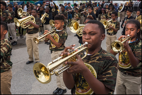 Roots of Music marching band during Jazz Fest day 4 on May 4, 2017. Photo by Ryan Hodgson-Rigsbee www.rhrphoto.com