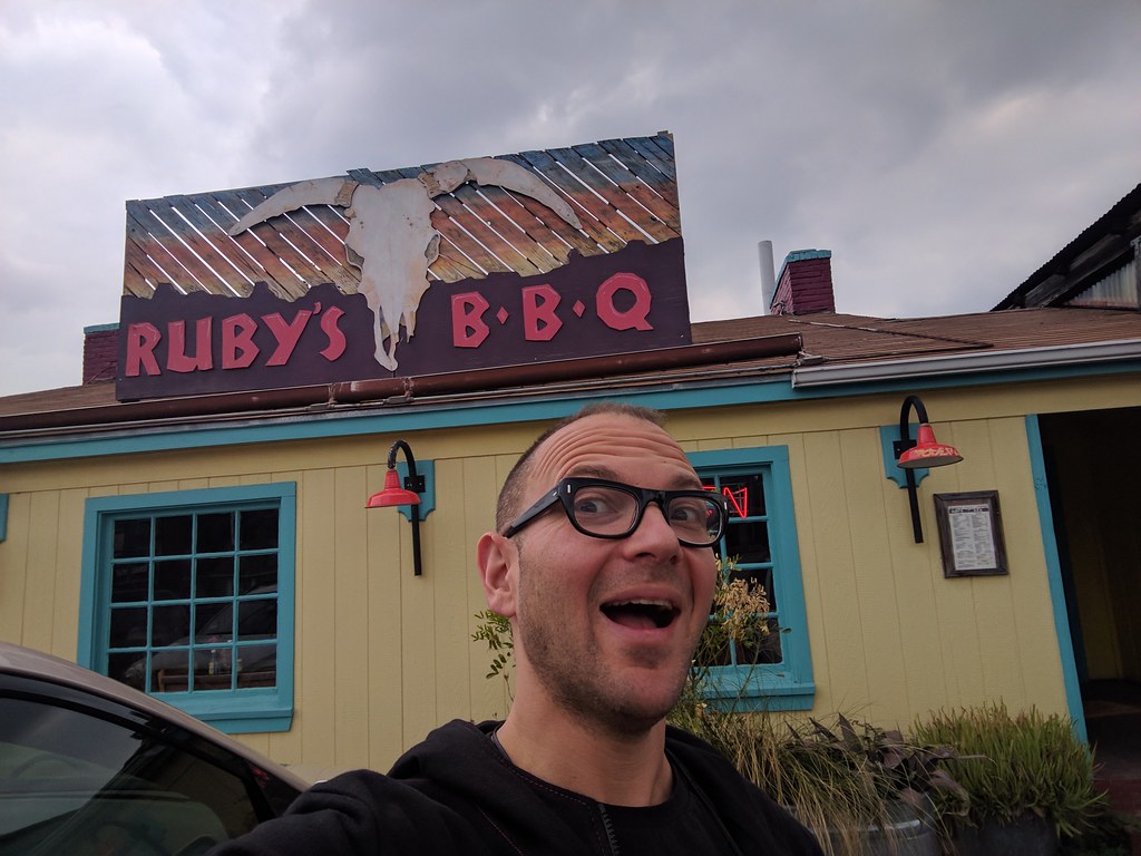 Me with Ruby's BBQ sign, selfie, Austin, Texas, USA