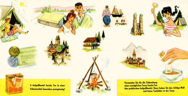 Werbeheftchen für Kaffee- und Teeprodukte der Marke Jakobs mit dem Thema Camping, einzelne Illustrationen