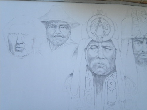 Pencil outlines of portrait faces on a wall