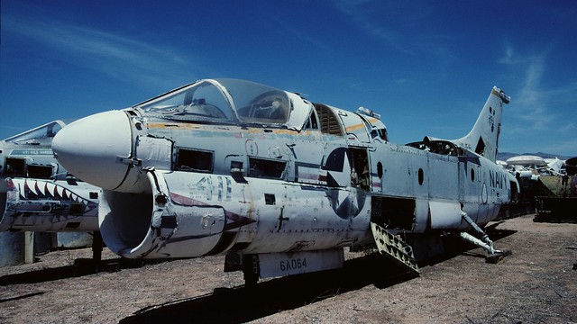 This is Vought A-7A Corsair, Bu.Aer 153144 in the UAC yard in Tucson in 2001. It's long gone, but lasted until November 2009.
