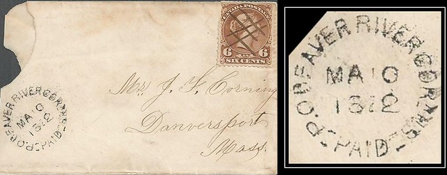 Nova Scotia Postal History - 10 May 1872 - BEAVER RIVER CORNER / PAID (Yarmouth County), N.S. (VENNING Handstamp / double ring cancel / postmark) to Danversport, Massachusetts / USA