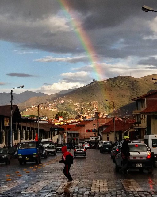 There's pretty funky weather here in Cusco! Sunny, then raining, hot then cold, clear then foggy, and that's just in one day! That means there's regularly rainbows to be seen too! Really a magical city full of culture, history, food, mountains... and rain