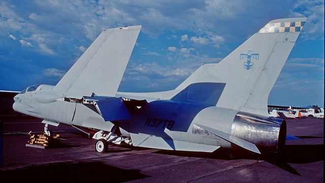 This Crusader is Bu.Aer 145527, N37TB. It's a DF-8L, owned by Thunderbird Aviation. Seen at Deer Valley, Phoenix AZ around 2000.