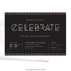 It's time to celebrate! This invitation features bright iridescent coloured text in an exciting layout. The invitation is very flexible; you can use it for engagement parties, birthday celebrations, dinner parties and many other fun occasions #engagementp