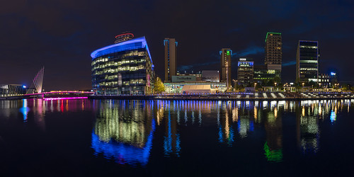 BBC Media City at 10pm, Salford Quays, Manchester by MelvinNicholsonPhotography, This photo is a panorama of five vertical images stitched together in Photoshop CC and it was taken 