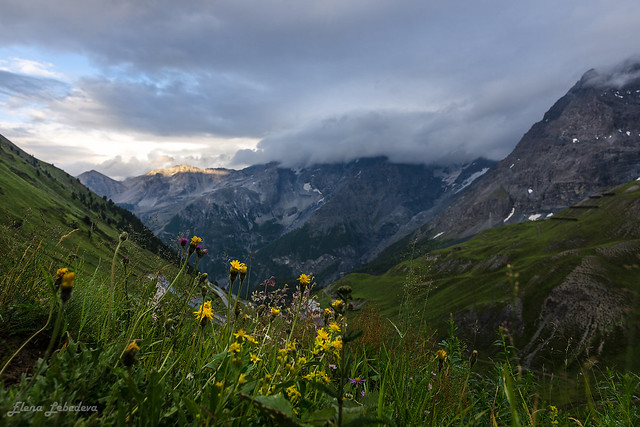 Sunset in the Eastern Alps. On the Stelvio Pass road