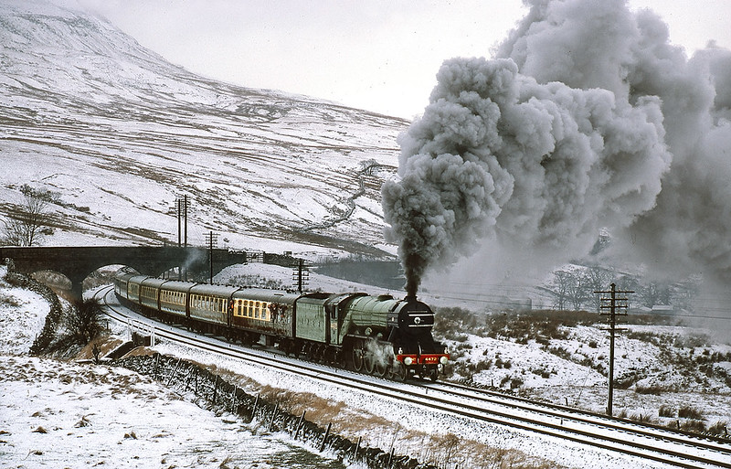 4472 Flying Scotsman struggling to Ais Gill heading the SLOA Pullmans. 30 January 1983.