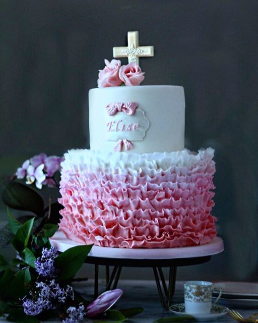 Frills and feminine details on this sweet communion cake! Congratulations to lovely Elise; Its an honor that my cakes have been a part of important celebrations in her life.                        - - #communioncake #pink #frills #rufflecake #madeinchicag