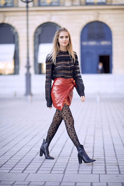 Chiara Ferragni in red vinyl miniskirt