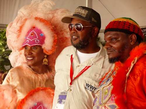 Black Foot Hunters Big Queen Connie Dorsey, WWOZ's Action Jackson, and Wild Man Quintrell in the 'OZ Hospitality Tent at Jazz Fest 2017 Day 1 April 28. Photo by Olivia Greene photo)