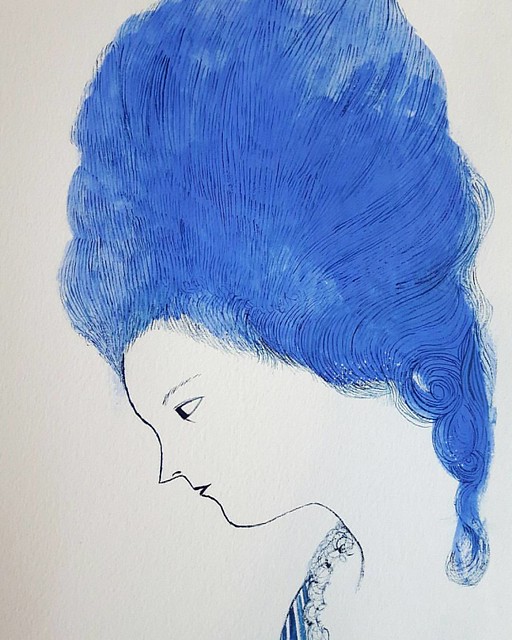*Now listed* all my newest works to my big cartel shop this morning including Marie here..💙 #gouacheillustration #georgian #wigs #blue #painting