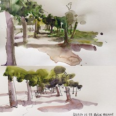 Those two sketches were done yesterday during my workshop in #neuilly. The goal was to try to show the path in perspective, the light and shadow zones and not showing too much greenery... two different styles, one only watercolor the other quick line and