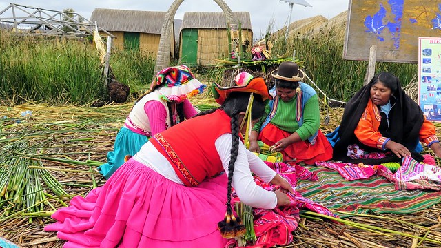 Uru women on floating island in Lake Titicaca
