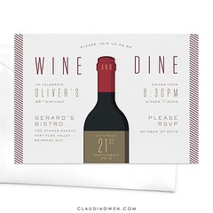 Wine and dine - there's no better idea! Perfect for food and wine lovers. This invitation would be ideal for birthday celebrations, anniversary dinners, to celebrate a promotion and even professional events. The card features a large wine bottle illustrat