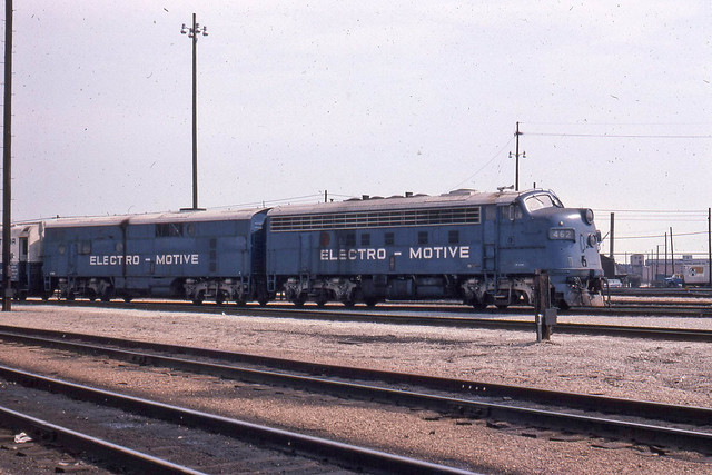 EMD  F9A #462 and test car at Corwith yard on 3-1-75
