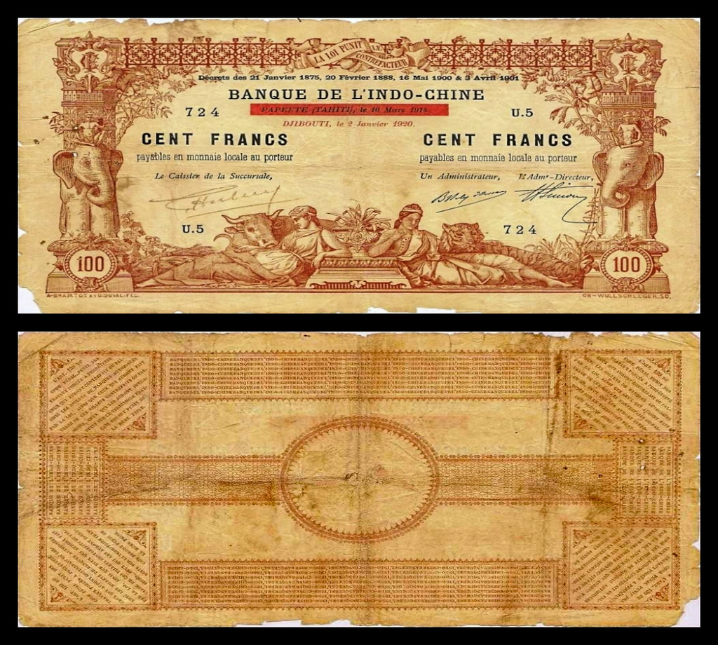 (DJF7a) 1920 Djibouti: Banque de L'indo-Chine, One Hundred Francs (A/R)...