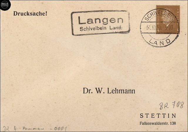 Drucksache Stempel Langen - Schivelbein Land DR 4 Pommern 0001 BR 708, 1930