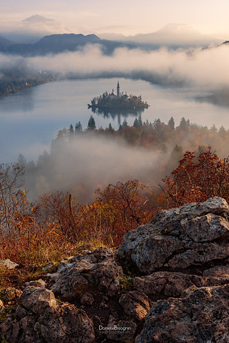 Over the fog by Daniele Bisognin, lake fog fall autumn water church island rocks wood forest sky colors mountains view sunrise