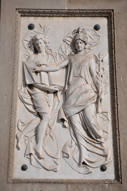 Barcelona. Allegory of the “Sociedad de Crédito Mercantil” and “Banco Hispano-Colonial”. Relief on the Monument to Antonio López y López. 1884. Lluís Puiggener, sculptor