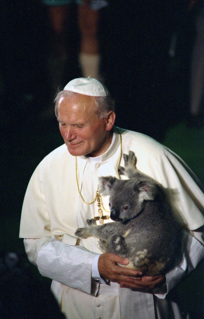 Pope John Paul II holding a koala, Brisbane, 25 November 1986