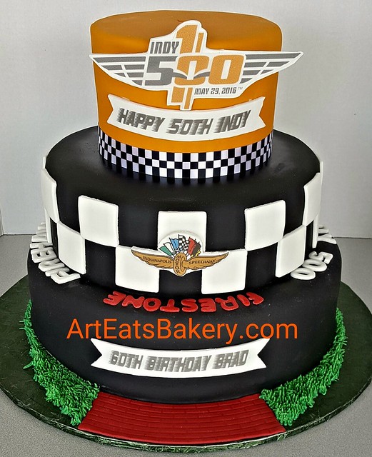 3 tier custom men's NASCAR Brickyard 500 race birthday or Groom's cake design with checkered flag ribbon, edible Indie 500 logo and tire. Greenville SC Http://www.arteatsbakery.com #bakery #customcakes #cakedecorating #cake #greenvillesc #greenville #what