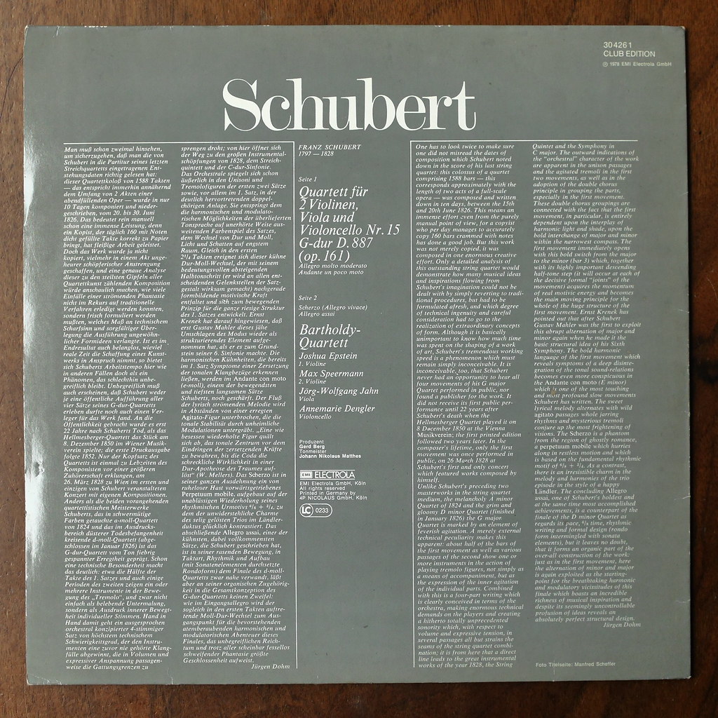 Backside Schubert - Streichquartett String Quartet No.15 D.887 op.161 - Bartholdy-Quartett (Joshua Epstein, Max Speermann, Jorg-Wolfgang Jahn, Annemarie Dengler) EMI 30 426 1, Club Edition, 1978