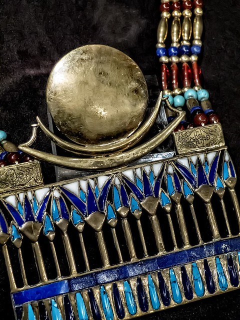 Closeup of necklace with moon pectoral from King Tutankhamun's tomb New Kingdom 18th Dynasty 1332-1323 BCE