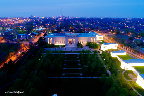 aerial aerialphoto builtstructure dusk evening highangleview horizontal illuminated kansascity midwestusa missouri multicolored museum nelsonatkinsmuseumofart night nighttime nopeople sky twilight unitedstates us