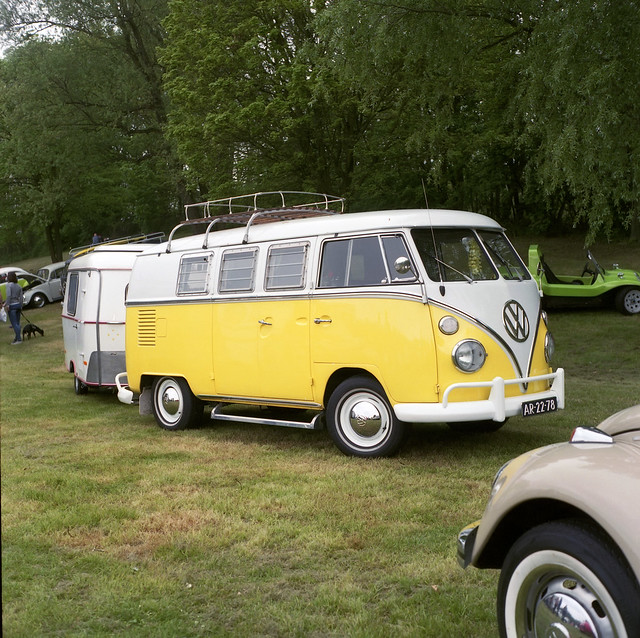 Yellow T1 with caravan