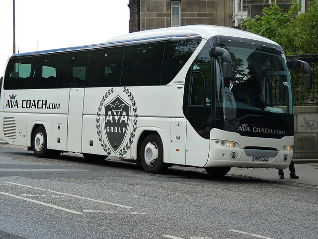 AVA Coaches of Leyland, AVAcab Ltd,  Neoplan Tourliner N2216SHD OU16EUZ at Regent Road, Edinburgh, on 3 June 2017.