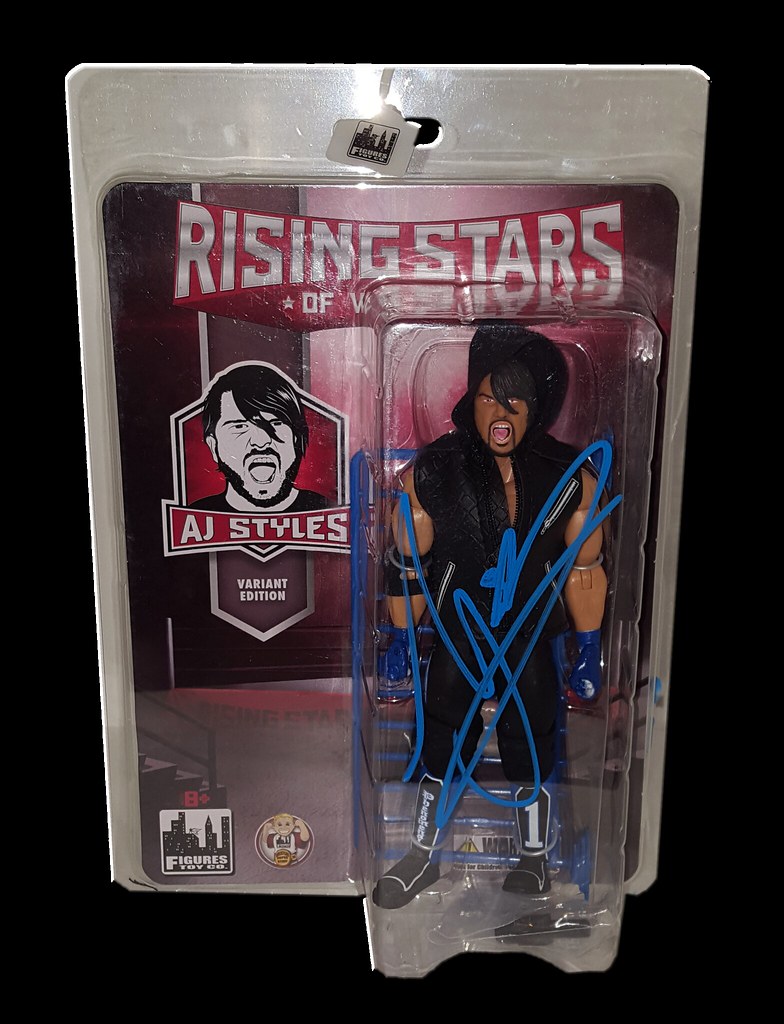 AJ Styles Autographed Figures Toy Company Rising Stars Of Wrestling Figure (Variant Blue Gear Edition)
