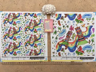 Hawaiian Tiki Play Date, large & small scale 8x8 inch fabric test swatches. My original design created with artist pens & colored pencils. Available as fabric, wallpaper & gift wrap.