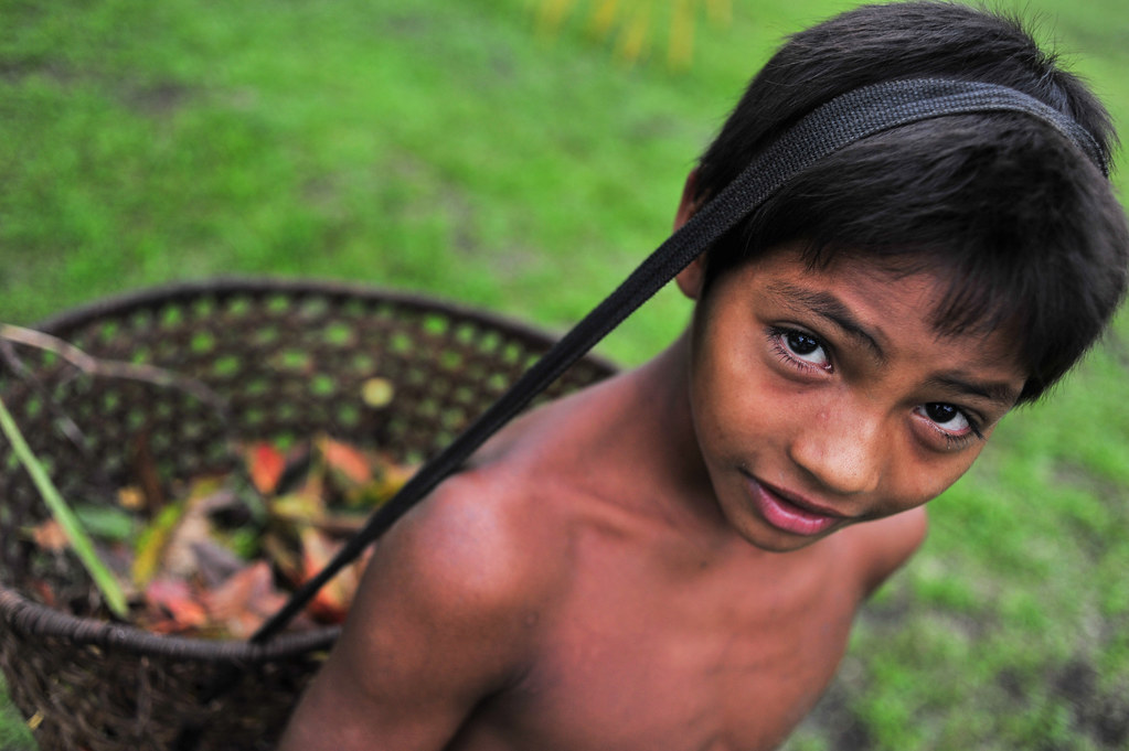 A child from the Sao Felix community in the Brazilian Amazon with a basket of leaves. Brazil.
